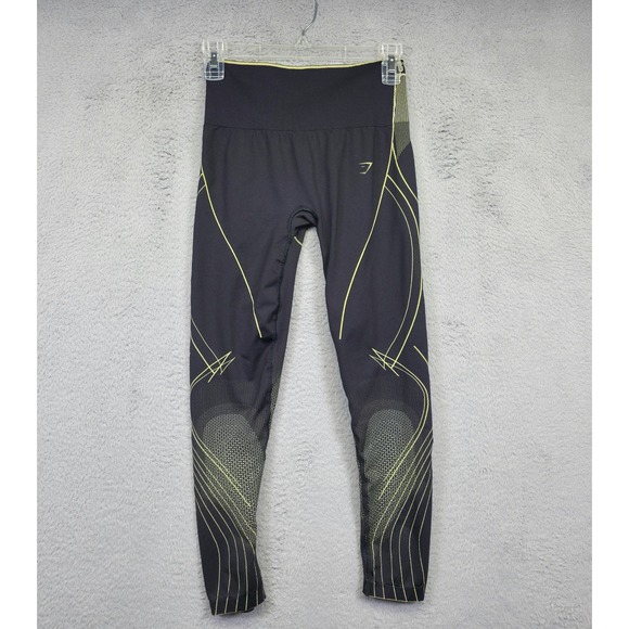 Gymshark Apex Leggings Womens M Black Yellow High Rise 24" Performance Gym - Picture 1 of 11